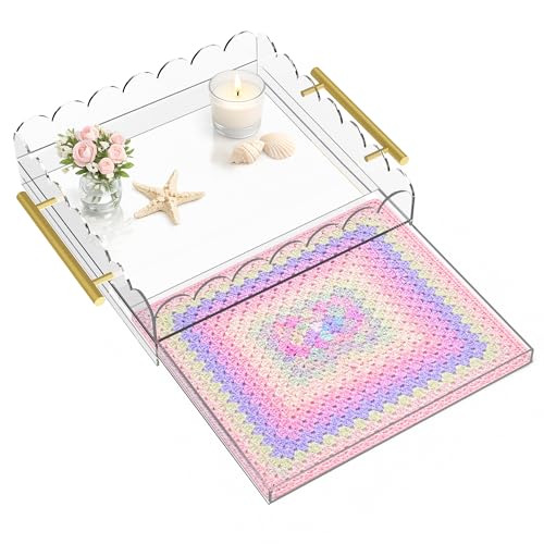 Scalloped Acrylic Tray, 12" x 12" Acrylic Trays for Needlepoint with Metal Handles and Pull-Out Drawer for Photos, Art Prints, Postcards, Decorative Organizer Trays for Vanity & Home - size: 12" x 12" x 2.4"