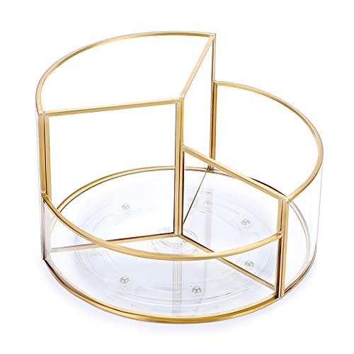 Hipiwe 360 Rotating Makeup Organizer 3-Slot Gold Glass Spinning Cosmetic Display Case Round Vanity Storage Holder Dresser Bathroom Organizer for Prefume Makeup Bushes Lipsticks - style: Round,3-Slot