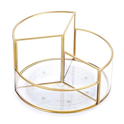 Hipiwe 360 Rotating Makeup Organizer 3-Slot Gold Glass Spinning Cosmetic Display Case Round Vanity Storage Holder Dresser Bathroom Organizer for Prefume Makeup Bushes Lipsticks - style: Round,3-Slot