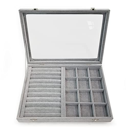 Ice Velvet Rings Organizer Box Mix 12 Grids Jewelry Tray Display Showcase with Clear Lid and Lock Grey - color: 12 Grids & 11 Slots