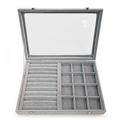 Ice Velvet Rings Organizer Box Mix 12 Grids Jewelry Tray Display Showcase with Clear Lid and Lock Grey - color: 12 Grids & 11 Slots