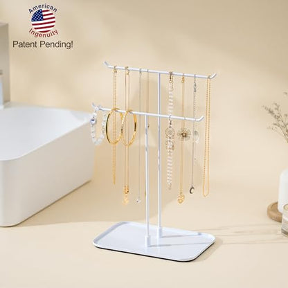 bussdis White Jewelry Organizer Necklace Holder Stand: 2-Tier T-Bar Display with White Metal Tray, Holds Necklaces Bracelets Earrings, Countertop Jewelry Tree  - color: White, size: 12.5" Height
