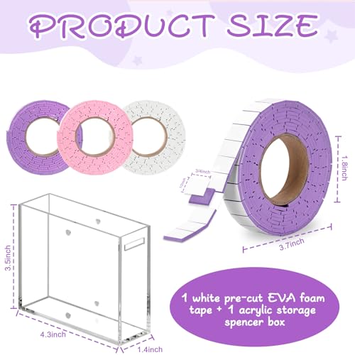 Double Sided Foam Tape Pre Cut 3/4 X 1/2 Inch EVA Foam Adhesive Squares Roll with Acrylic Storage Box 3D Foam Squares for Crafts Arts Sewing DIY Office Supplies (Tape+Box, Purple) - color: Purple, style: Tape+Box