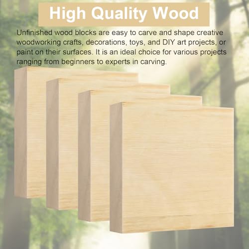 4 Pcs Solid Wood Carving Blocks, 4x4x1 Inch Unfinished Whittling Blocks for Crafts, Wooden Art Block for Crafts DIY Projects Classes Photo Blocks Painting Wall Decorations - size: 4x4x1 Inch