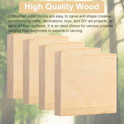 4 Pcs Solid Wood Carving Blocks, 4x4x1 Inch Unfinished Whittling Blocks for Crafts, Wooden Art Block for Crafts DIY Projects Classes Photo Blocks Painting Wall Decorations - size: 4x4x1 Inch