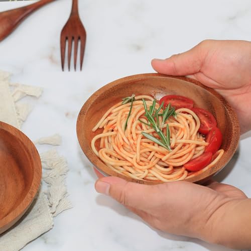 Acacia Wood Serving Bowls, 6 Inch Handcrafted Wooden Individual Bowls Set of 2 for Food/Soup/Salad/Pasta, Use as Snack Holder Plate for Kitchen and Dining - size: D 6.3'' x H 1.6''