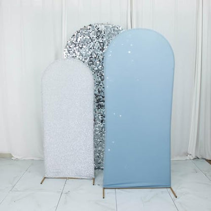 Efavormart Set of 3 Dusty Blue Silver Chiara Arch Backdrop Covers (7ft/6ft/5ft), Round Top Snug Fit, Double-Sided Big Sequin, Tinsel & Spandex Mixed Texture for Birthday, Party, Events - color: Dusty Blue