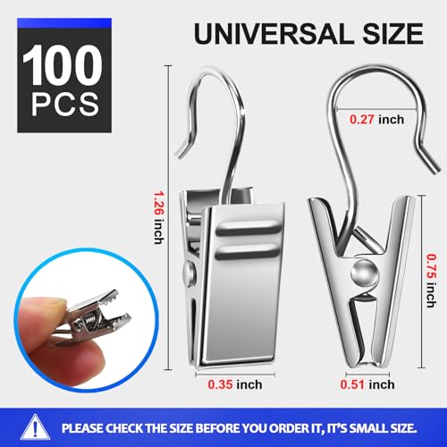 Teenitor 100 PCS Small Curtain Hooks Curtain Clips Bag Clips, Stainless Steel Curtain Rod Hooks, S Hooks for Hanging Drapes Photos Tent Lights Party Decorations Art Craft, Silver - color: Silver