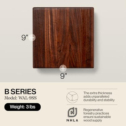John Boos B Series Square Wooden Walnut Cutting Board 12”x12” – 1.5” Thick, 5-lb Non-Reversible Butcher Block with Stainless Steel Bun Feet & Edge-Grain - color: Walnut with Stainless Steel Feet, size: 9"L x 9"W