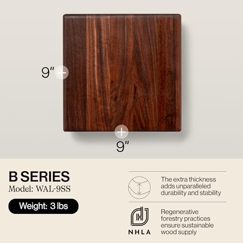 John Boos B Series Square Wooden Walnut Cutting Board 12”x12” – 1.5” Thick, 5-lb Non-Reversible Butcher Block with Stainless Steel Bun Feet & Edge-Grain - color: Walnut with Stainless Steel Feet, size: 9"L x 9"W