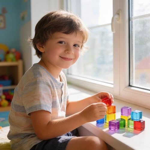 Woodtoe Rainbow Building Blocks for Toddlers, 24 PCS Acrylic Gem Cubes Stacking Blocks, Montessori Stacking Toy for 3 4 5 6 Year Old, Educational STEM Creative Sensory Toy Gifts for Kids Boys Girls - style: 24 PCS Rainbow Stacking Blocks