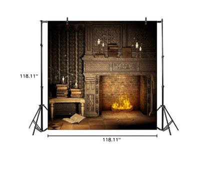Laeacco Fantasy Room Interior Backdrop 10x10ft Vinyl Photography Background Flame and Fireplace Magical Books Candle Retro House Background - size: 10x10ft