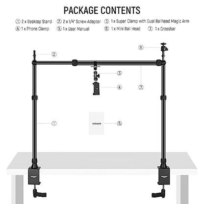 NEEWER Overhead Camera Mount Rig with 2 Ball Heads, Super Clamp/Mobile Phone Holder/Camera Desk Mount, Multi Device Mount, Platform Overhead Tripod, Adjustable Height Width, Max Load 12 kg, NK002