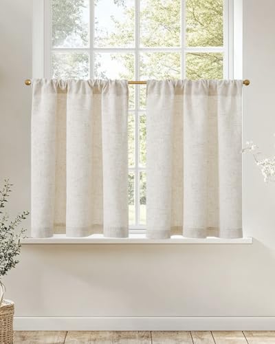jinchan Natural Linen Kitchen Curtains 24 Inch Rustic Tier Curtains Farmhouse Rod Pocket Cafe Small Window Drapes with Lined Flax Country Light Filtering for Bathroom Laundry Room RV 2 Panels Crude - color: Privacy Crude, size: 26"W x 24"L (Pack of 2)