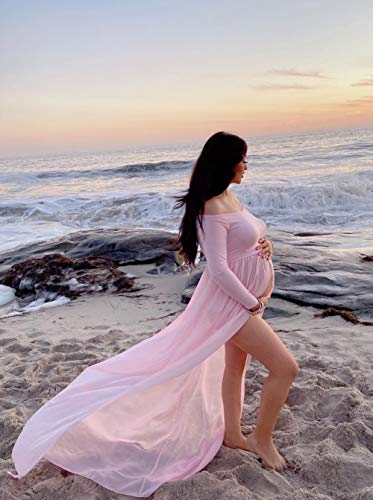 ZIUMUDY Maternity Maxi Chiffon Photography Dress Split Front Gown for Photoshoot - color: Pink