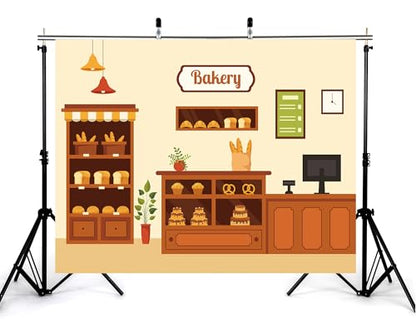 8x8ft Cartoon Bakery Shop Counter Backdrop Hanging Lamp Bread Shelf Photography Background Warm Inviting Baking Party Home Decor Photo Booth Decorations Banner Photo Studio Props - size: 8x8ft