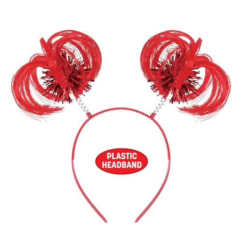 Beistle Red Ponytail Boppers – 2 Pack, Synthetic Hair Headband Accessories with Metallic Fringe, Spirit Headwear for Costume Styling, Themed Party Events, Photo Booth Props, and Novelty Wear
