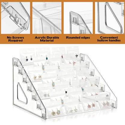 2 Pack 7 Tier Earring Display Stand Acrylic Earring Holder Organizer Holds 4 Pairs of Earrings in One Row Retail Detachable Jewelry Card Stand for Selling Vendors Jewelry Display Earring Rack