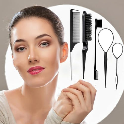 5Pcs Slick Back Brush Set with Topsy Tail Tool, Teasing Bristle, Rat Comb for Women & Girls Hair Styling, Flyaways Control and Edge Combing - BIACK - color: black