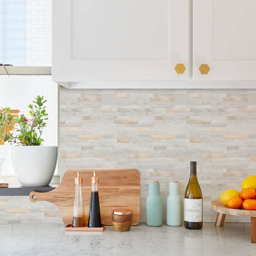 STICKGOO Peel and Stick Backsplash, PVC Wall Tiles Stick on Backsplash for Kitchen(1 Sheet, Beige with Metal Gold) - color: Beige with Metal Gold