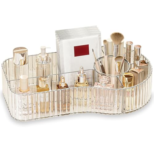 Clear Makeup Organizer Countertop for Vanity Acrylic Skincare Storage and Make up Organization for Desk Cosmetic Display Case and Makeup Brush Holder for Bedroom,Bathroom,5 Compartments - color: Clear