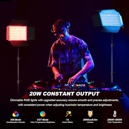 2Pack RGB LED Video Light Kit 12.6in with Barn Door, RGB Photography Light 20W/2500~8500K/14 Effect/2000lux@0.5m LED Panel Light Kit with Light Stand for Gaming Streaming Zoom YouTube Photography