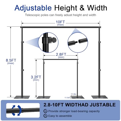 Hecis 8.5x10ft Backdrop Stand, Adjustable Photography Background Frame, Heavy Duty Pipe and Drape Kit Photo Support Poles for Wedding, Party, Birthday, Festival, Vide, Studio