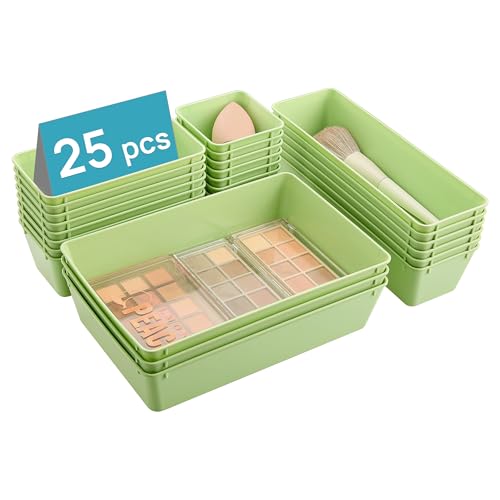 Vtopmart 25 PCS Plastic Drawer Organizers Set, 4-Size Versatile Bathroom and Vanity Drawer Organizer Trays, Storage Bins for Makeup, Bedroom, Kitchen Gadgets Utensils and Office - color: Light Green