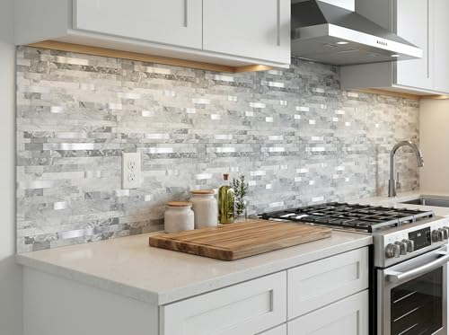 Yipscazo 10 Sheets Peel and Stick Stone Metal Tile Backsplash, Stick on Tiles for Backsplash Kitchen, Bathroom, Laundry Room, Camper, Fireplace (12'' X 12'', Gray Stone with Metal) - color: Gray Stone With Metal