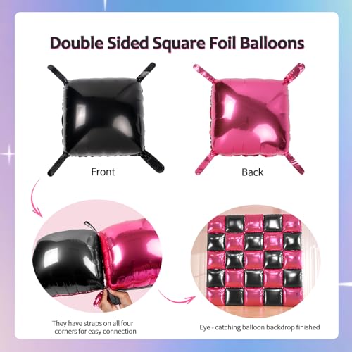 25pcs Black Pink Foil Square Balloon Wall With 139pcs Hot Pink Black Clear Balloon Arch Kit, Double Sided Balloon Tunnel for Birthday Anniversary Bridal Shower Party Decoration - color: Black Hot Pink