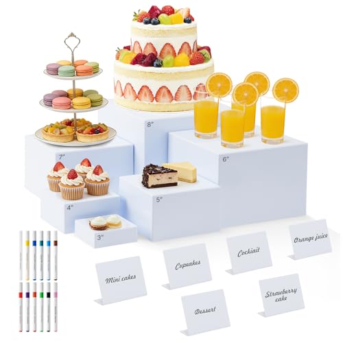 Nestable Buffet Risers - 6 Pcs White Acrylic Food Risers with Signs & Markers – Sturdy Dessert Table Display Stands for Parties, Catering, Jewelry & Collectibles (Easy-Store Stackable Cubes: 8", 7", 6", 5", 4", 3") - size: 8",7",6",5",4",3"