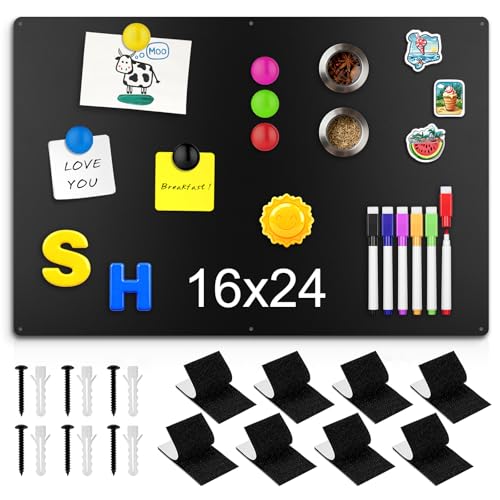 16" x 24" Magnetic Board, Black Magnet Bulletin Board to Display Magnetic Letters, Metal Board for Wall, Refrigerator Photo, with Dual Lock Tape and Screws, Marker Pen - color: Black, size: 16" x 24"