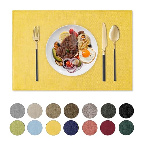 Romanstile Cloth Placemats Set of 4-12 x 18 Inch, Heat Resistant Double Layered Thickened Burlap Place Mats, Washable Faux Linen Farmhouse Table Mats for Kitchen/Dining/Party/Outdoor, Yellow - color: Lemon Yellow, size: Placemats 12" X 18", Set of 4