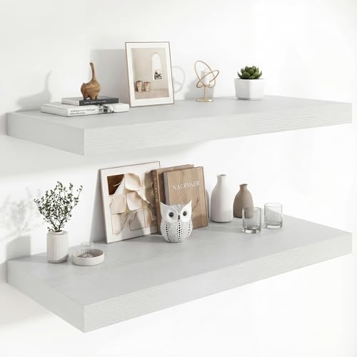 Heimlove 12" Deep Floating Shelves, 36 x 12 Inch Wall Mounted Long Floating Shelf with Invisible Brackets, for Home Decor, Bedroom, Kitchen, Living Room, Bathroom - 2 Pack, White - color: White, size: 36"W x 12"D x 2"H, Set of 2