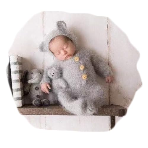 Newborn Photography Props Boys Girls Outfits Mohair Bear Hat Bonnet & Footed Romper Bodysuit Photoshoot Costume Set - color: Gray