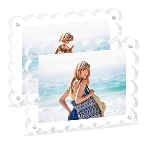 Magnetic Photo Frame 6×8Inch - 2Pack Acrylic Scalloped Glass Frames, 12+12mm Thick Double-Sided Design.Clear Picture Frame with Thick Block | Trendy Home Gift Set (2 Pack, 6×8) - color: 2 Pack, size: 6×8