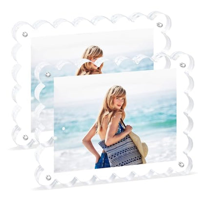 Magnetic Photo Frame 6×8Inch - 2Pack Acrylic Scalloped Glass Frames, 12+12mm Thick Double-Sided Design.Clear Picture Frame with Thick Block | Trendy Home Gift Set (2 Pack, 6×8) - color: 2 Pack, size: 6×8