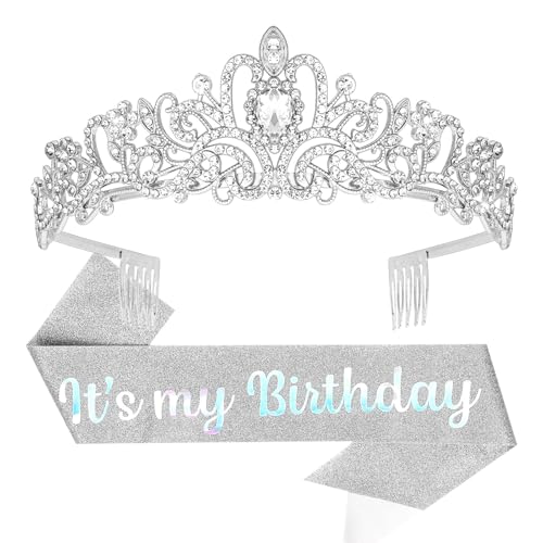 YISSION Silver Rhinestone Birthday Tiara and Sash Set, "It's my Birthday" Glitter Sash with Crystal Crown for Women, Birthday Party Decorations, Photo Props & Milestone Celebration Gifts - color: Silver
