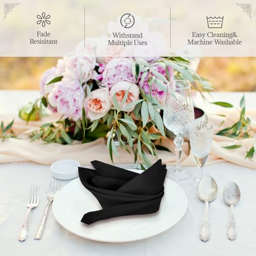 PLOYMONO Black Heavy Duty Polyester Napkins - 17 x 17 Inch Solid Washable Cloth Dinner Napkins - Set of 8 Napkins with Hemmed Edges - Great for Weddings, Parties, Banquets, Halloween, Thanksgiving - color: Black