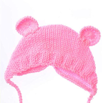 Newborn Baby Photo Shoot Props Boys Girls Crochet Knitted Hat Bear Hat Beanie with Bear Dolls Photography Props - color: Pink