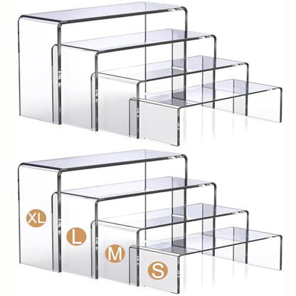 MerryNine Acrylic Risers Display Stands, 8 Pcs 2 Set Clear Acrylic Shelves, Plastic Display Risers for Retail, Vinyl Figures, Cupcake, Jewelry, Dessert Display, No Assembly, Scratch-Resistant (Rectangular-4mm-8pcs)