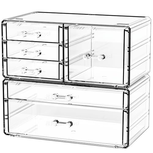 Cq acrylic 2 Pack Clear Desk Organizer With Drawers,Stackable 6 Drawers Skincare Organizer,Cute Skin Care Organizers for Vanity Hair Clip,Jewelry,Beauty Product Desk and Makeup Organizers Countertop - size: Large 6 Drawers