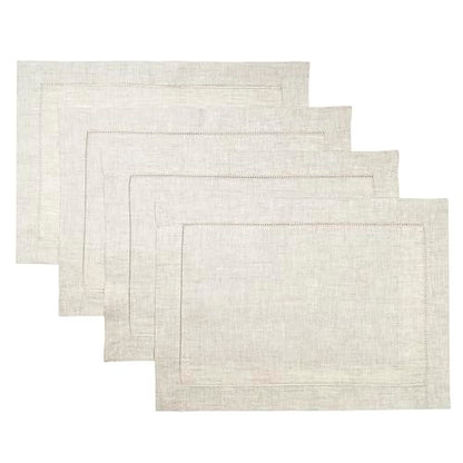 D'Moksha Homes Light Natural Linen Cloth Placemats Set of 4-100% Pure Linen Hemstitch Placemats 14 x 19 Inch - Classic Hemstitch Table Place Mats - Machine Washable - color: 08 - Light Natural