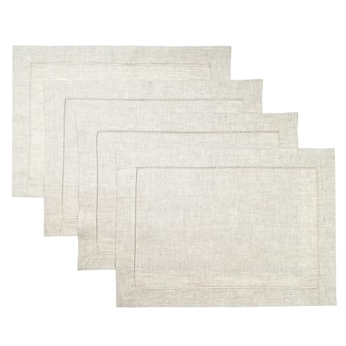 D'Moksha Homes Light Natural Linen Cloth Placemats Set of 4-100% Pure Linen Hemstitch Placemats 14 x 19 Inch - Classic Hemstitch Table Place Mats - Machine Washable - color: 08 - Light Natural