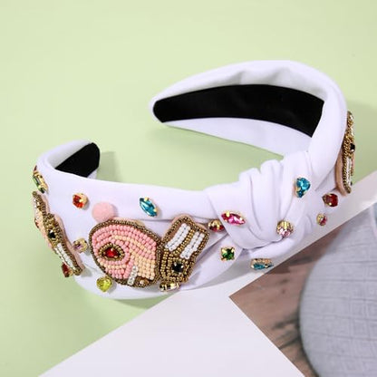 NVENF Easter Headbands for Women Beaded Easter Rabbit Bunny Headband White Pink Crystal Pearl Knotted Hairband Happy Accessories Spring Holiday Headwear Outfits Gifts (Bunny D - White) - color: Bunny D - White