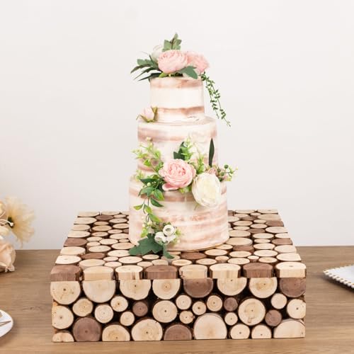 Efavormart 18x18 inch Natural Wooden Slices Square Cake Stand, Rustic Farmhouse Dessert Pedestal Riser with Hollow Bottom for Multi-Tiered Cakes and Staging - size: 18"