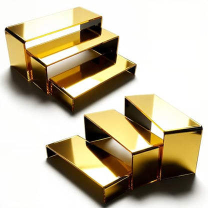 Acrylic Display Risers 2 Sets 3 Tier Cupcake Stand for Dessert Jewelry Pop Figures Shelves Retail Shoe Showcase (Gold) - color: Gold