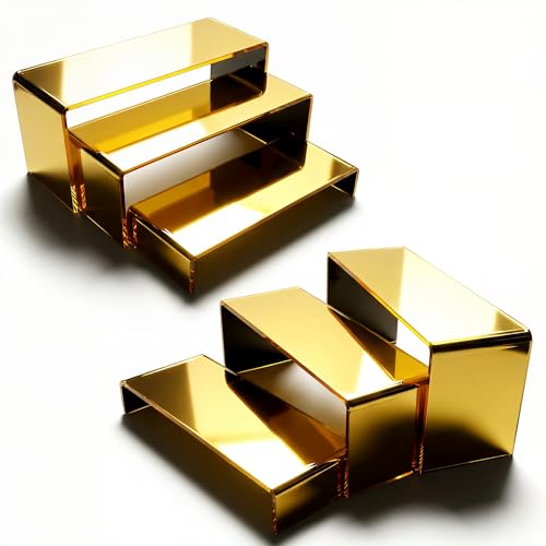Acrylic Display Risers 2 Sets 3 Tier Cupcake Stand for Dessert Jewelry Pop Figures Shelves Retail Shoe Showcase (Gold) - color: Gold