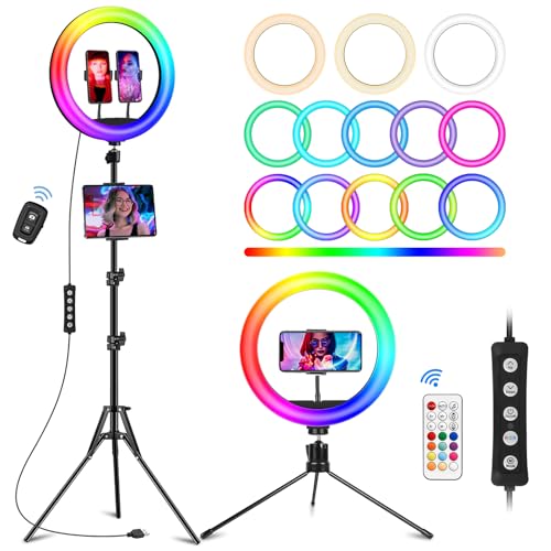 STALLY 12.3" Ring Light with Stand 75" Tall and 2 Phone Holder, Ring Light Tripod for iPhone with 3 CCT Mode & 29 Color Modes, Remote Shutter, Desk Tripod, Great for Live Stream/Makeup/YouTube/TikTok - size: 12.3in