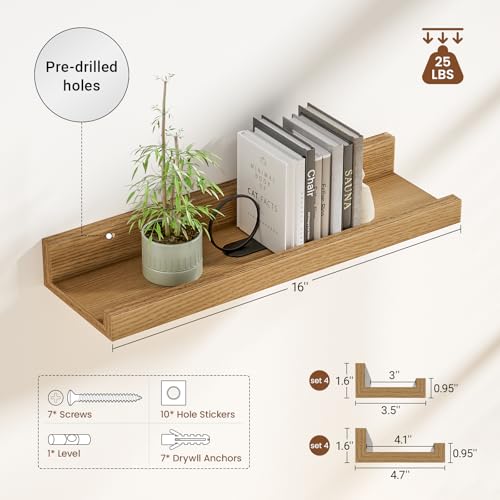 Heimlove 24 inch Picture Ledge Shelf Set of 8,Long Floating Shelves for Wall,Oak Picture Shelf with Lip for Wall Decor,Living Room Bedroom Bookshelf Photo Frames Nursery Book Shelves for Storage - color: Oak, size: 24 inches set of 8